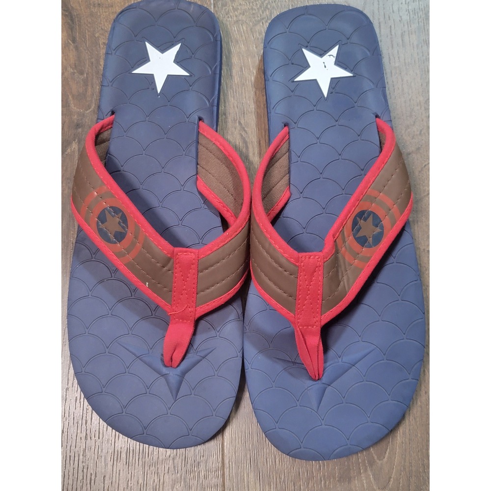 Marvel Captain America Mens Flip Flops Blue Red Brown Shield Star Sandals 11.5in